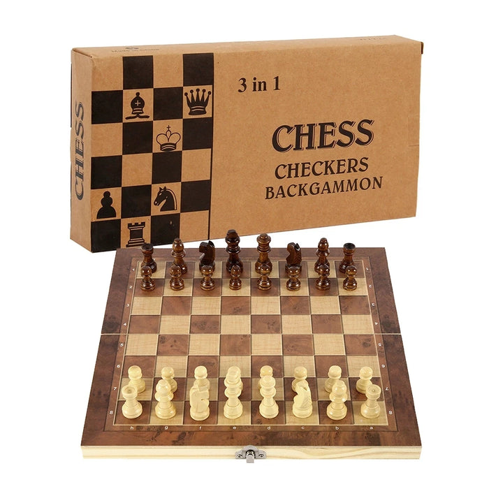 3-in-1 Folding Wooden Chess Board – Portable Chess, Checkers & Backgammon (24cm)