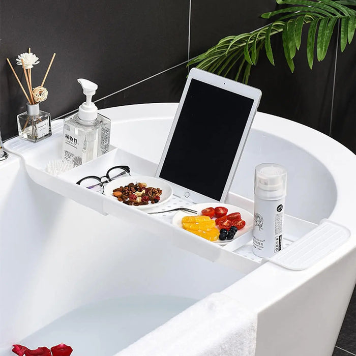 Expandable Drain Bath Shelf Caddy Tray — Plastic Bathtub Organiser (White/Black)
