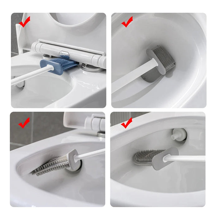 Wall-mounted Silicone Toilet Brush & Holder — Long Non-slip Handle, Ventilated Case, No-drill Fit