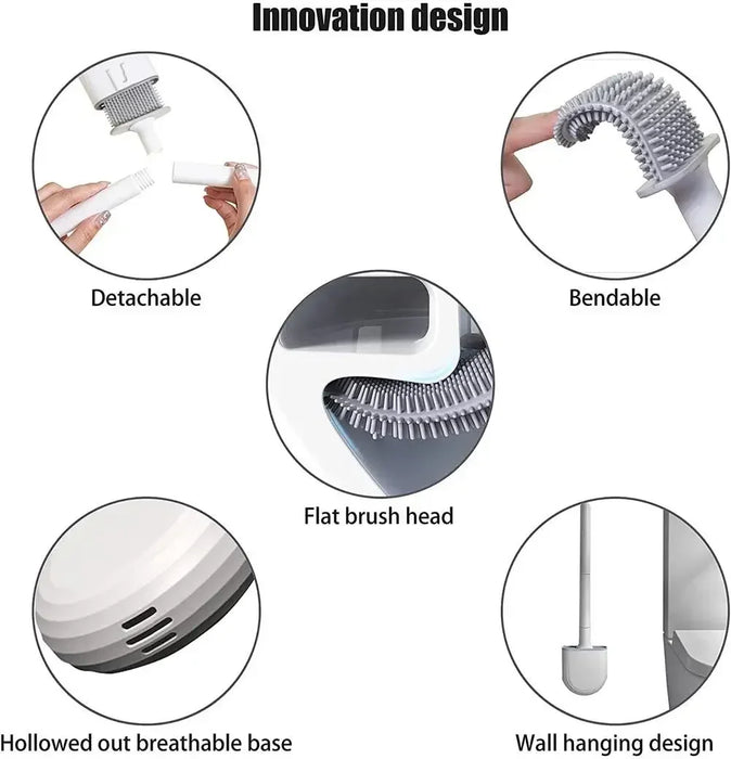 Wall-Mounted Silicone Toilet Brush Set — Easy Install, Long Handle with Portable Holder