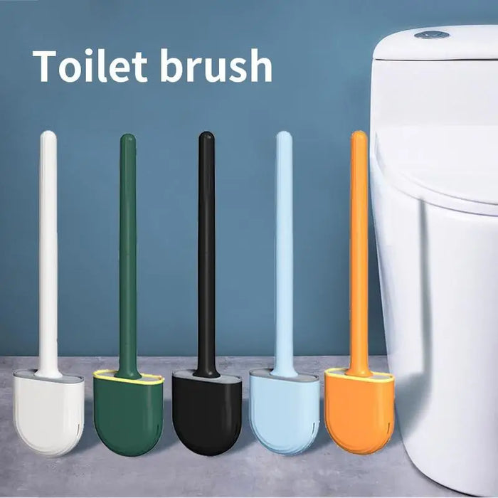 Wall-mounted Silicone Toilet Brush & Holder — Long Non-slip Handle, Ventilated Case, No-drill Fit