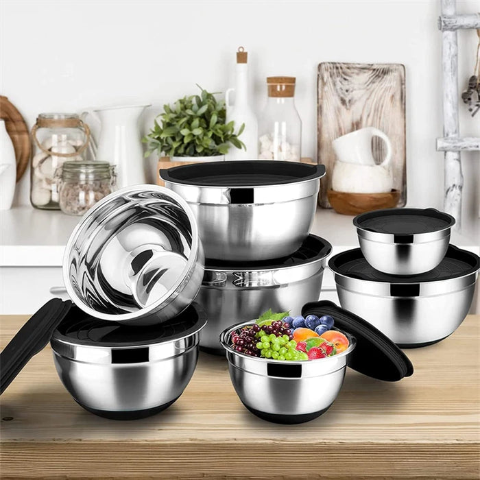 6-Piece Stainless Steel Nesting Mixing Bowls with Black Lids and Non-Slip Bases
