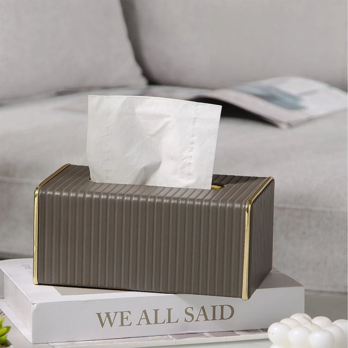 White Rectangular Leather Tissue Box Cover with Gold-Tone Edging — Small 16×11.5×8cm