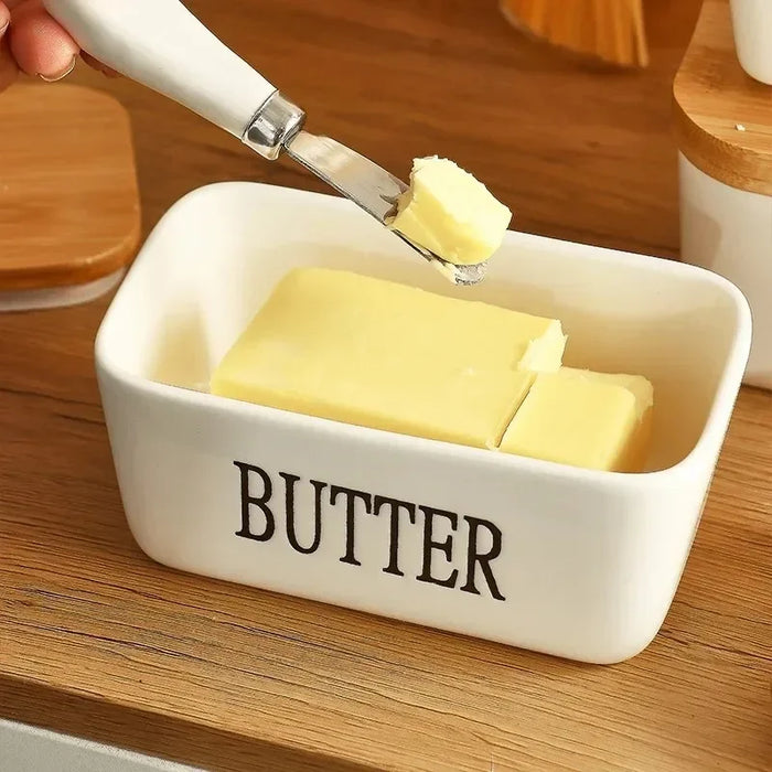 Ceramic Butter Dish with Bamboo Lid & Knife — Square Sealed Butter Box (350/500/650ml)