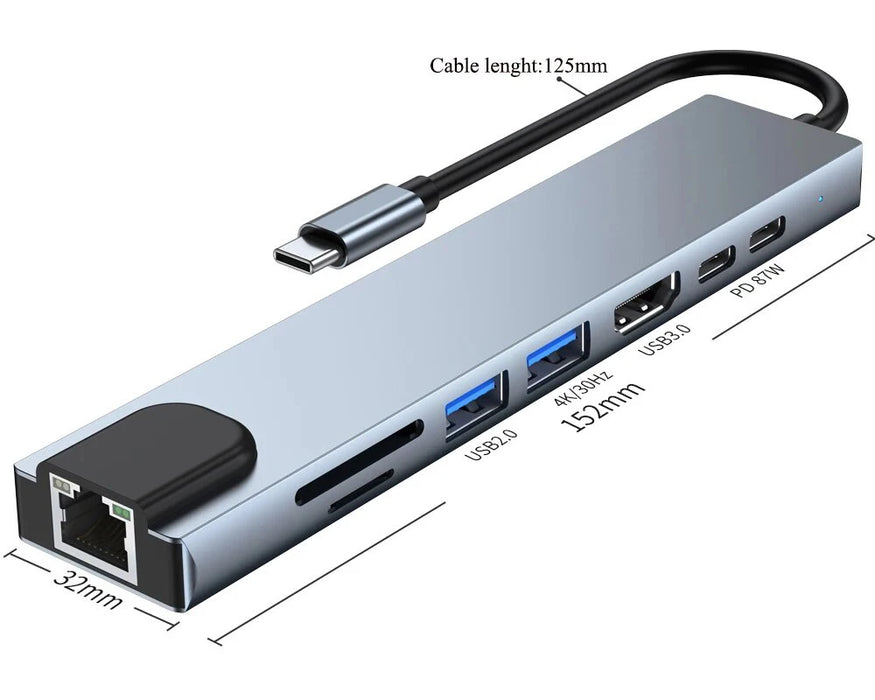 USB-C 8-in-1 Hub — HDMI 4K 30Hz, 100W PD, RJ45 100Mbps, SD/TF & USB 3.0