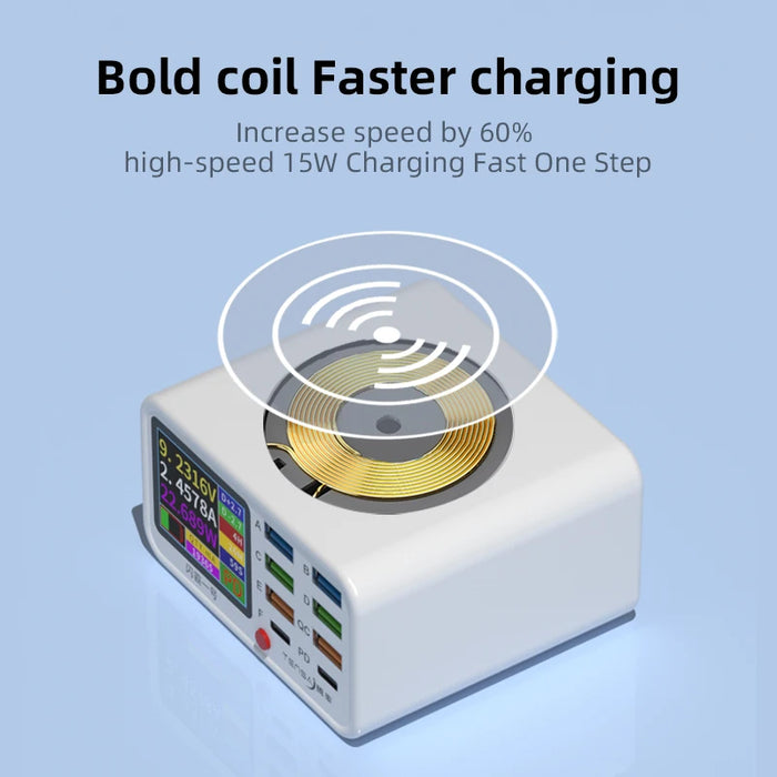 8-Port Wireless Fast Charging Station — 15W Wireless, 65W Total, PD & QC