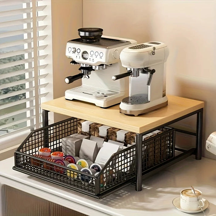 Multi-Purpose Coffee Station Organiser with Drawer & Shelves for Capsules, Cups and Snacks