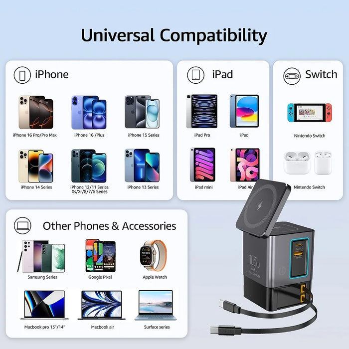 6‑in‑1 Charging Station with Retractable USB‑C — Multi‑Device Power Tower