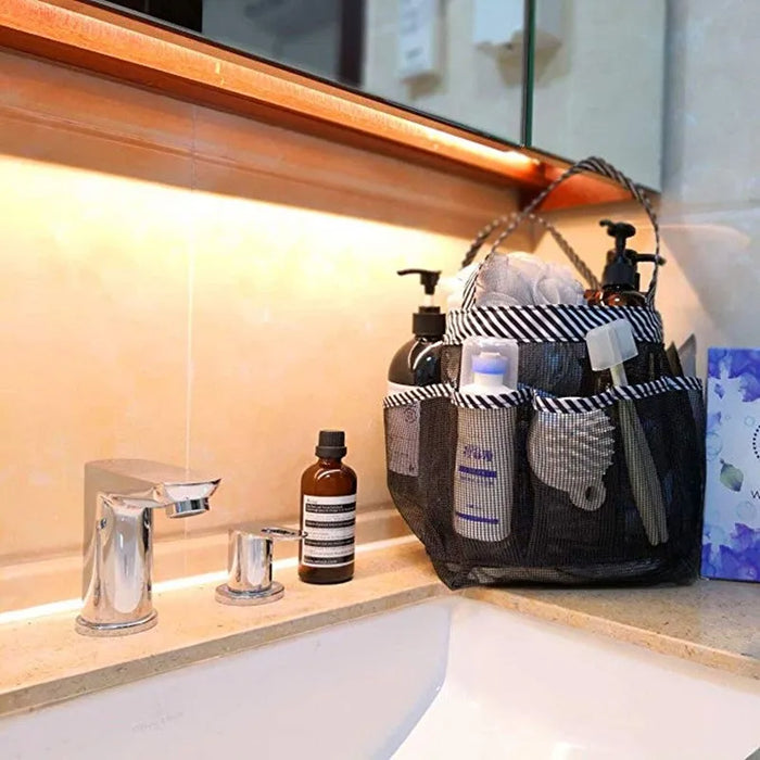 Mesh Shower Caddy Tote – Portable Bathroom & College Organiser, 8-pocket, Oxford Handles, Black