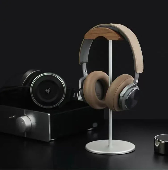 Walnut Wood & Aluminium Headphone Stand with Solid Metal Base — Desk Headset Holder