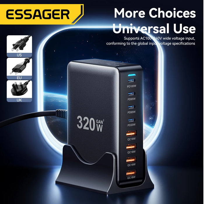 320W GaN 8‑Port Desktop Charger — 4×USB‑C & 4×USB‑A, 100W PD