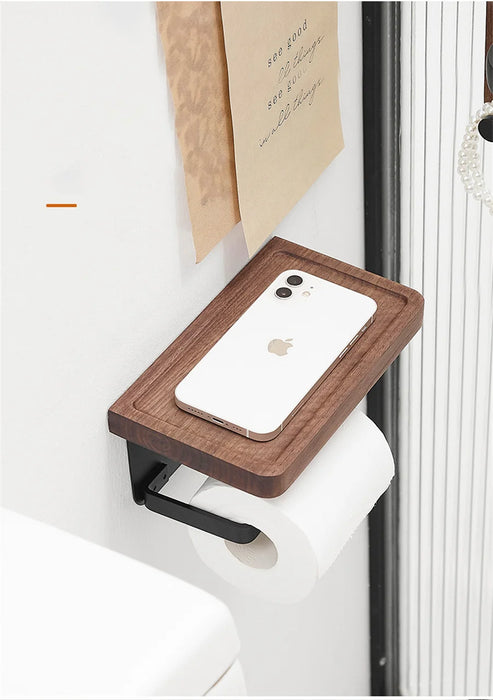 Wooden Toilet Roll Holder with Shelf — Wall-mounted, Rustproof Matt Black