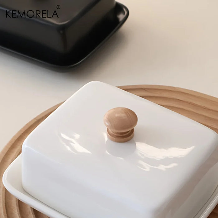 Ceramic Rectangular Butter Dish with Sealable Lid — Cheese Storage, White or Black