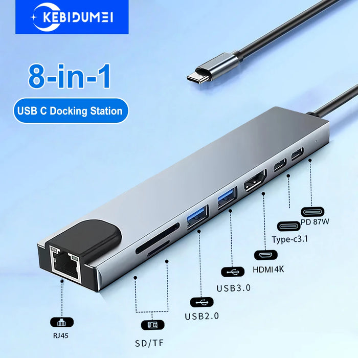8‑in‑1 USB‑C Hub with 4K HDMI, PD 87W, USB 3.0, SD/TF Card Reader & RJ45