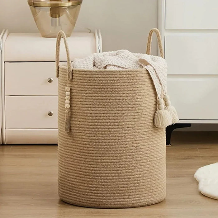 Large Tall Woven Storage Basket – Foldable Cotton Rope Laundry Hamper