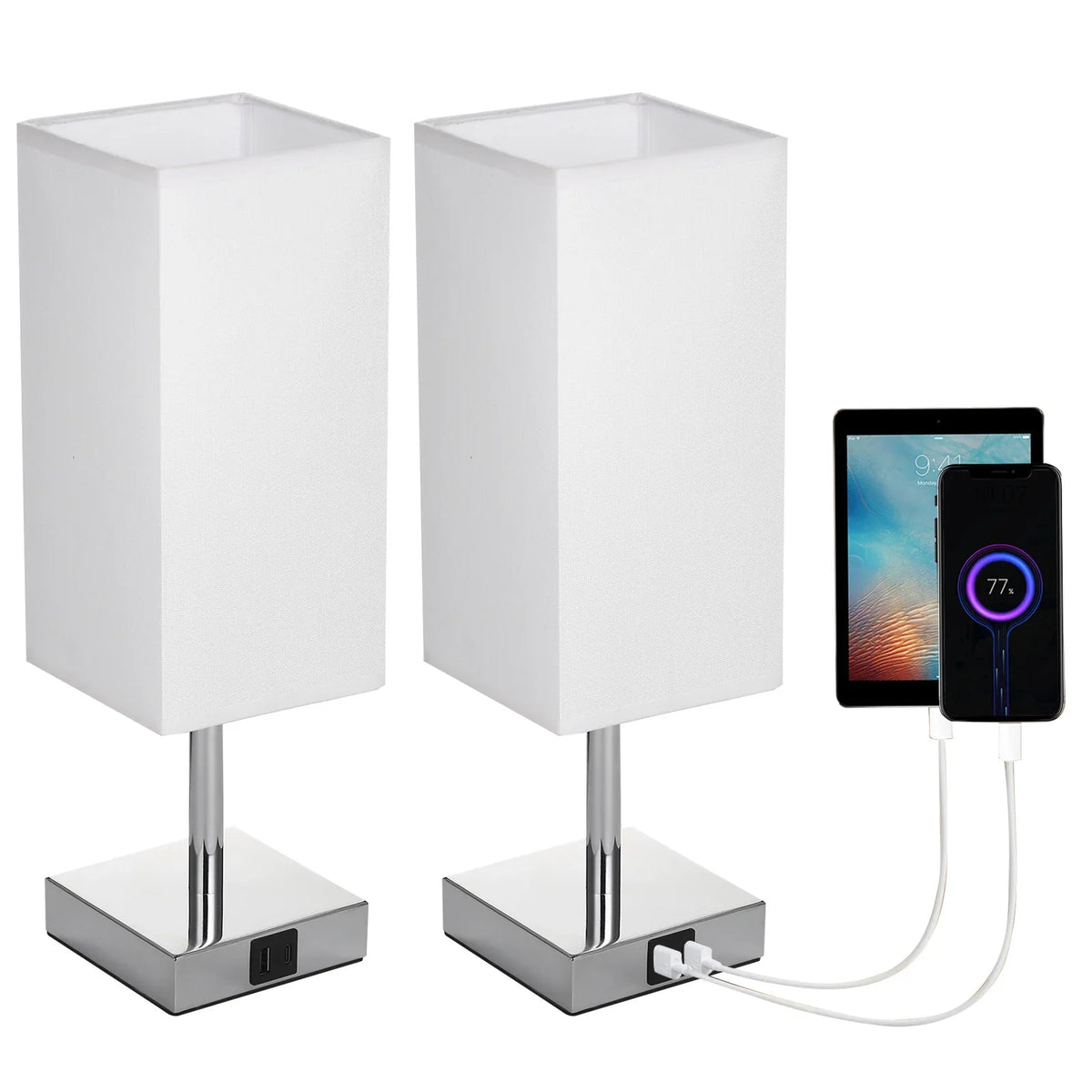 Lampa stołowa z abażurem z tkaniny - ciepła biała żarówka LED, sterowanie dotykowe, lampa biurkowa, porty ładowania USB A i Type-C - idealna na stoliki nocne, biurka i miejsca do nauki