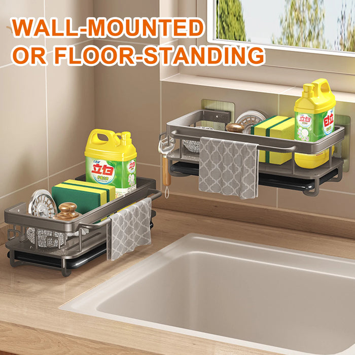 Aluminium Kitchen Sink Drain Rack with Tray — Soap, Sponge & Dishcloth Holder