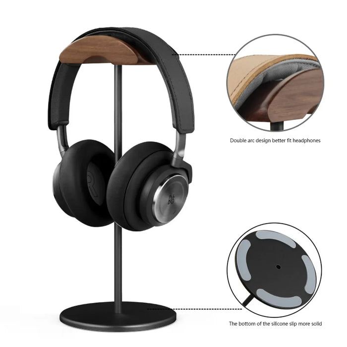 Walnut Wood & Aluminium Headphone Stand with Solid Metal Base — Desk Headset Holder