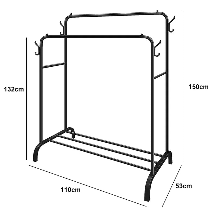 Double-Rail Standing Clothes Rack with Shoe Shelf – Metal Rail for Bedroom & Living Room