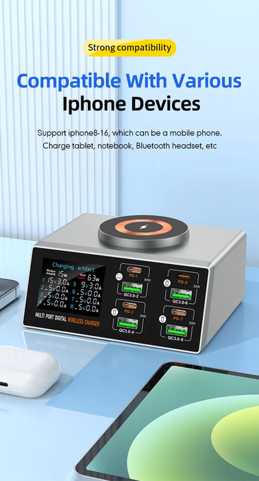 140W 8‑Port GaN Fast Charger Station with Qi2 Wireless Pad — Travel & Home