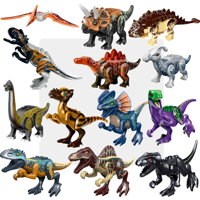 Jurassic Dinosaur Building Blocks - Velociraptor, Triceratops, Indominus & T‑Rex Models