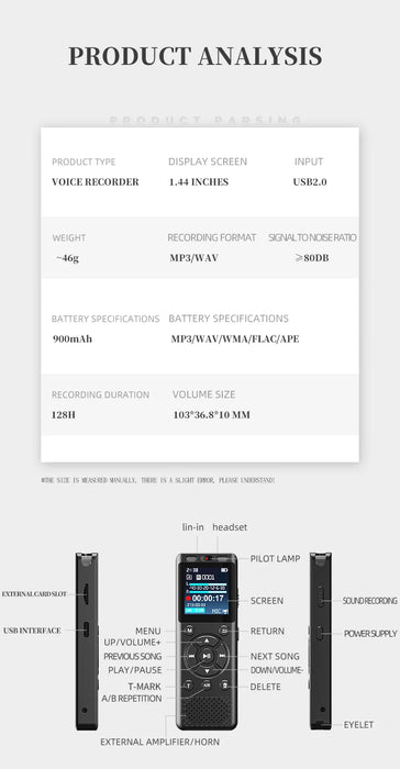 Large-screen USB-C Rechargeable Voice Recorder with Noise Reduction and TF Card Support