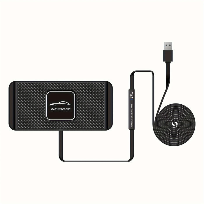 15W Qi Wireless Car Charger Pad with USB — QC3.0 Input, Compatible with iPhone 11–16 & Qi Devices