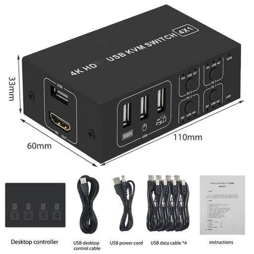 4 Port HDMI KVM Switch 4 in 1 out 4K 60Hz HDMI USB Switch Selector with Desktop Controller for 4 PC Share Monitor Mouse Keyboard