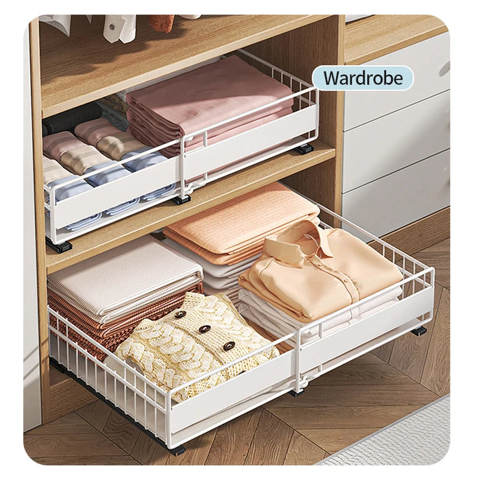 Retractable Pull-Out Metal Drawer Rack — Punch-Free Under-Sink Storage (Small/Large, White/Black)