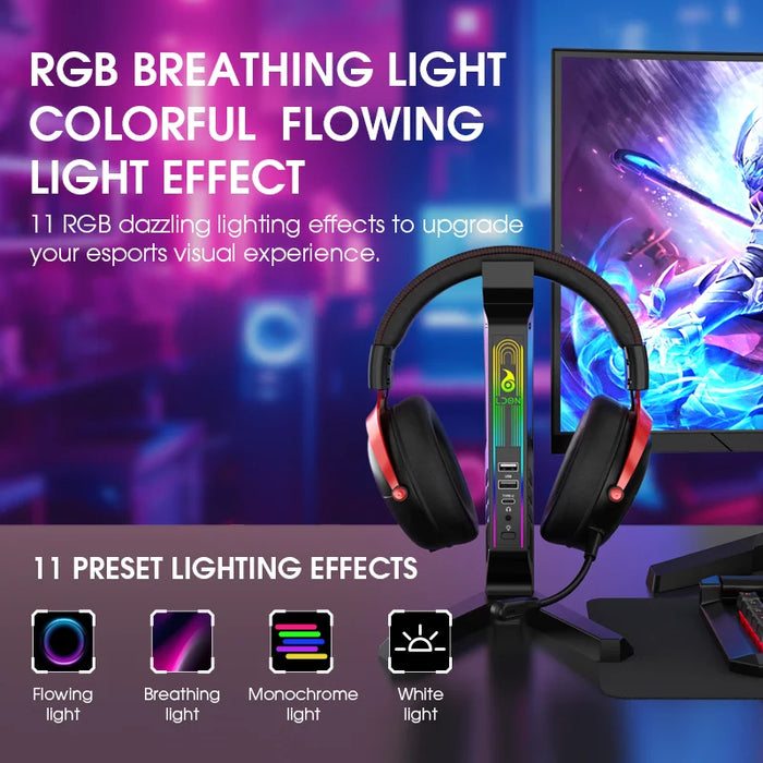 RGB Headset Stand with Sound‑Activated Lights and USB Dock