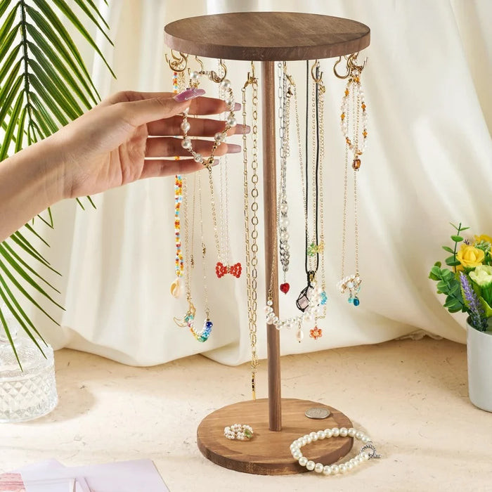 Wooden Jewellery Organiser Tower — 12 or 18 Golden Hooks, Round Base