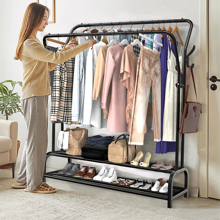 Double Rail Standing Clothes Rack with Mesh & Bottom Shelves — White or Black