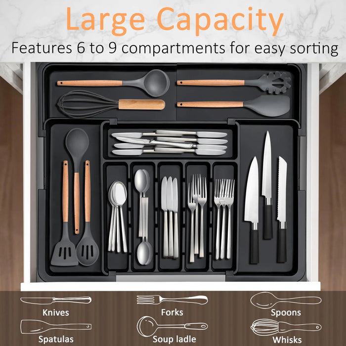 Adjustable Cutlery Drawer Organiser – Expandable Utensil Tray (Black)
