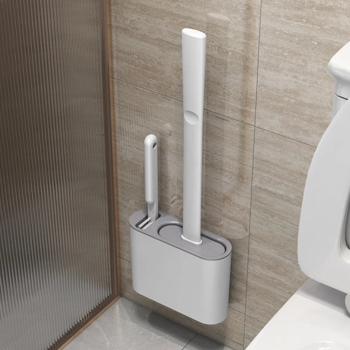 Wall-mounted Silicone Toilet Brush & Holder — Long Non-slip Handle, Ventilated Case, No-drill Fit