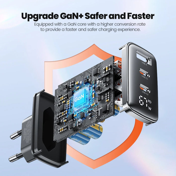 Toocki 67W GaN USB-C Charger with LED Display — 3-Port PD & Quick Charge