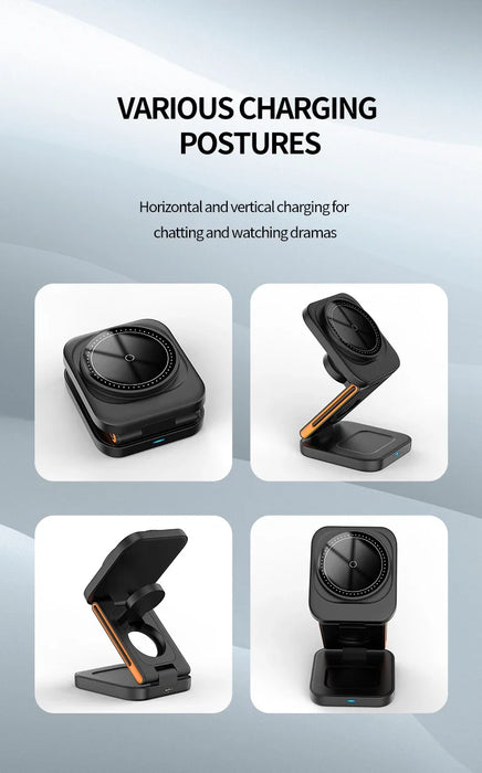 3‑in‑1 Foldable Magnetic Fast Wireless Charger Stand for iPhone 12–17, Apple Watch & AirPods
