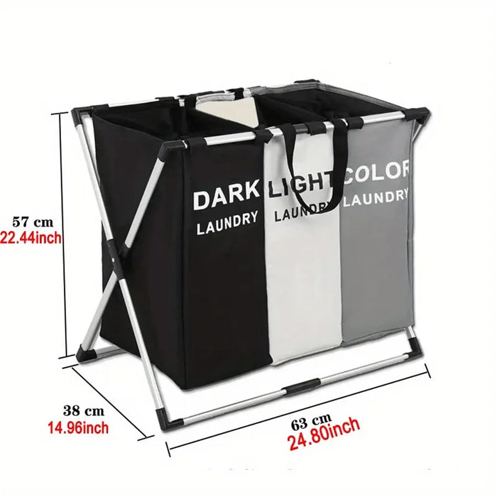 Foldable Laundry Basket with Aluminium Frame & 600D Oxford Fabric — 3‑Grid Large Capacity