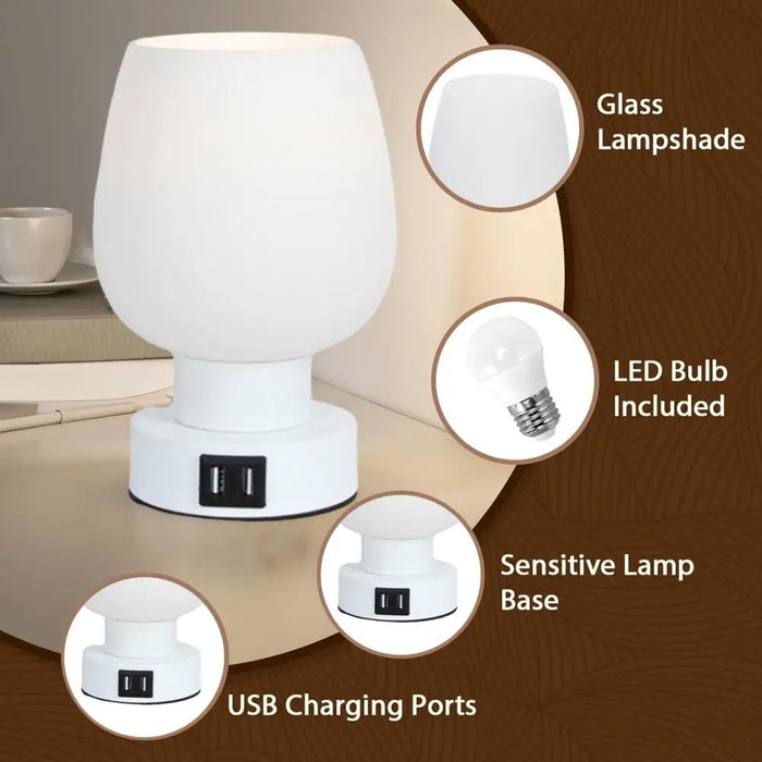 Moderní dotyková ovládací LED stolní lampa - stmívatelná, bez blikání, noční světlo s bílým skleněným stínidlem - ideální pro snadné osvětlení u postele