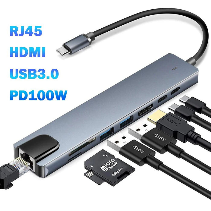 USB-C 8-in-1 Hub — HDMI 4K 30Hz, 100W PD, RJ45 100Mbps, SD/TF & USB 3.0