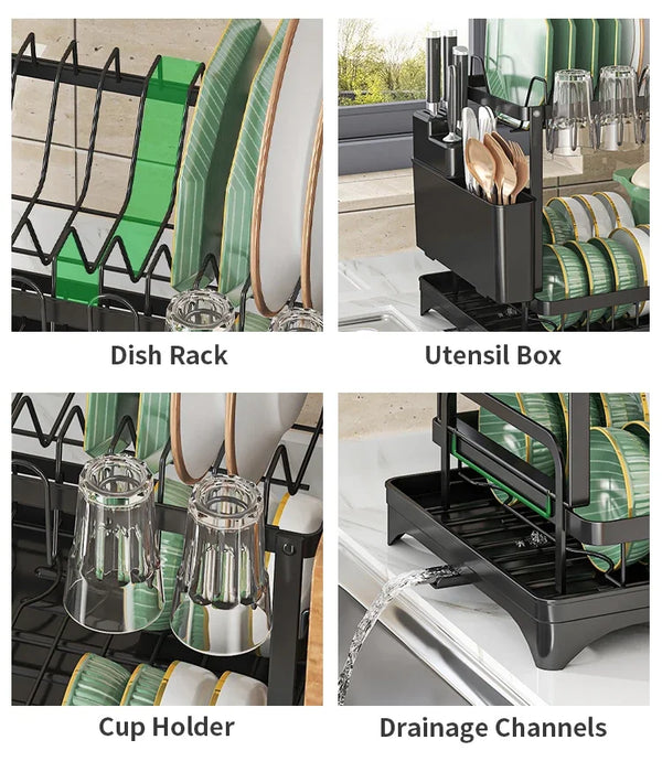 Stainless Steel 2-Tier Dish Rack — Fast-Drying & Stain-Free, Heavy-Duty Carbon Steel Frame