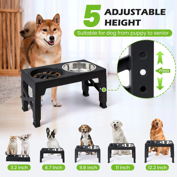 Adjustable Elevated Dog Feeder with Double Stainless Steel Bowls — Small to Large Dogs