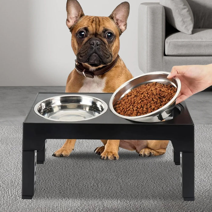 Adjustable Raised Dog Feeding Station with Two Stainless Steel Bowls - Black
