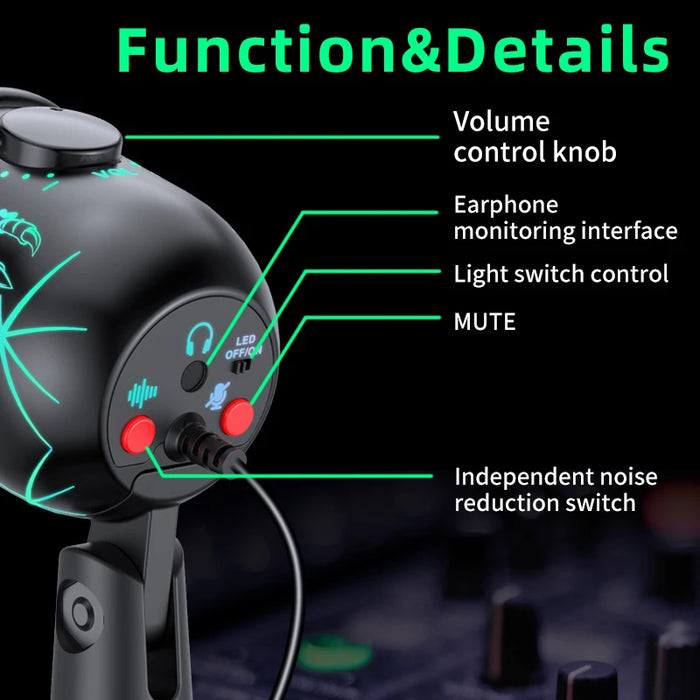 USB Gaming Condenser Microphone with Headphone Jack, LED & Noise Reduction