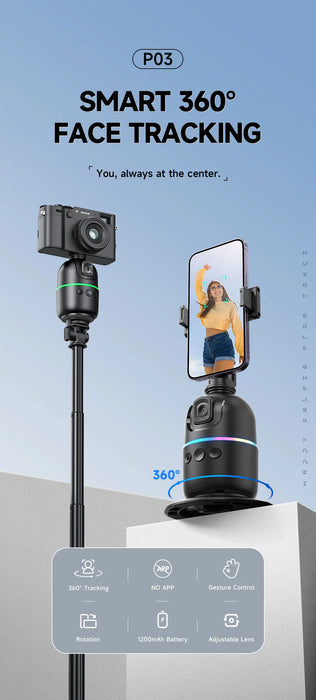 P03 360° Auto Face-Tracking AI Phone Gimbal — Desktop Tripod Holder for Vlog & Live