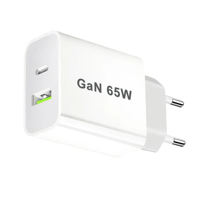 65W GaN USB‑C PD 3.0 2‑Port Wall Charger — USB‑A + USB‑C, White (UK/EU/US/AU plugs)