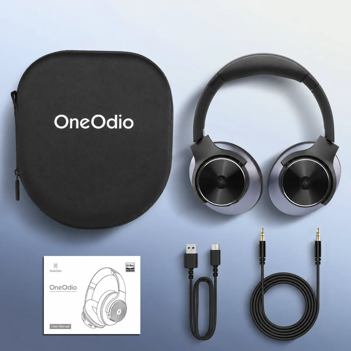 Oryginalne akcesoria w zestawie: słuchawki, etui transportowe OneOdio EVA, kabel USB-C, kabel 3,5 mm i instrukcja obsługi