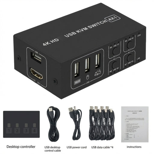 4-Port HDMI KVM Switch 4-in-1 — 4K@60Hz with Desktop Controller, Share Monitor, Keyboard & Mouse