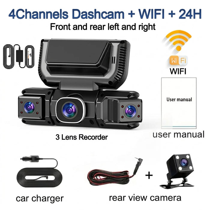 4‑Channel 1080p Wi‑Fi Dash Cam — Front, Rear, Left & Right with 24‑Hour Parking Monitor