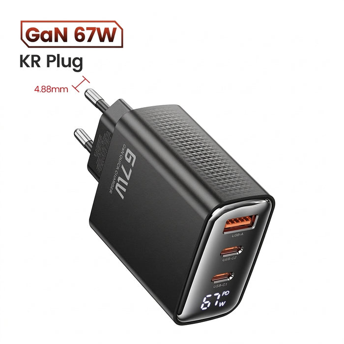 GaN USB‑C Fast Charger 33W / 40W / 67W (PD & QC) — Digital Display on 33W & 67W, EU & KR Plug
