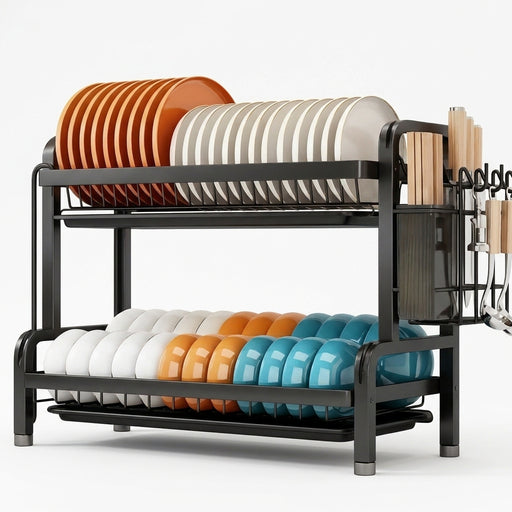 Large 2- or 3-Tier Carbon Steel Dish Rack – Auto-Draining Kitchen Organiser (Black)